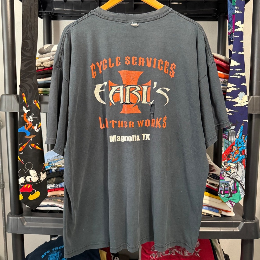 Y2K Faded Black Earls Leather Works Cycle Services Tee 2XL Thrashing